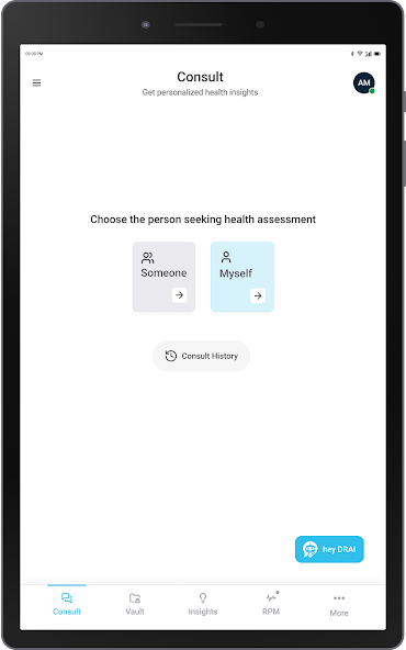 heyDRAI app start screen for a health assessment conversation