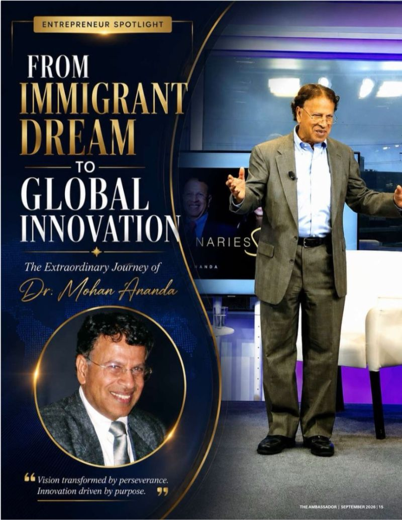 The Ambassador Entrepreneur Spotlight page featuring Dr. Mohan Ananda and the title From Immigrant Dream to Global Innovation